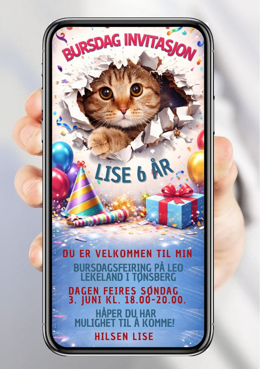Bursdagsinvitasjon med katt – søtt dyretema for barn