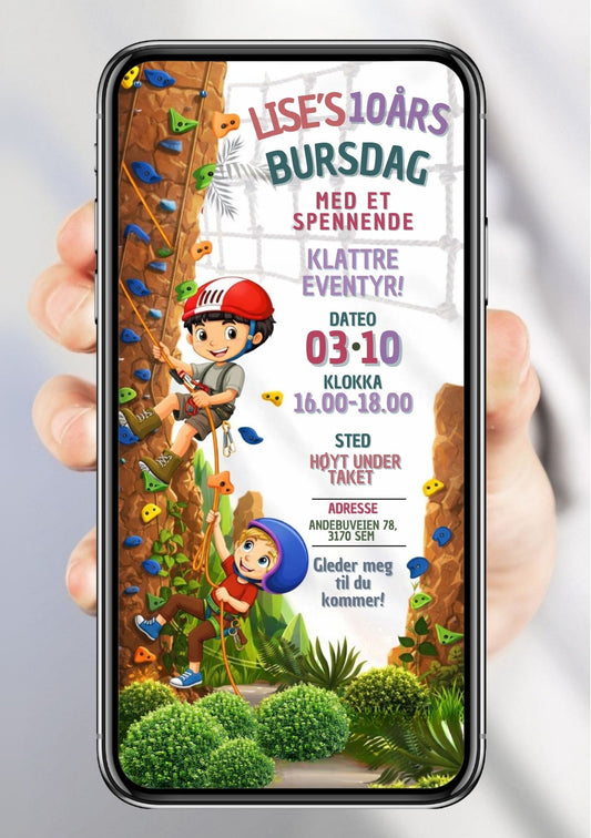 Mobil bursdagsinvitasjon med klatrevegg, to barn i klatreustyr og fargerike klatretak – vist på mobilskjerm