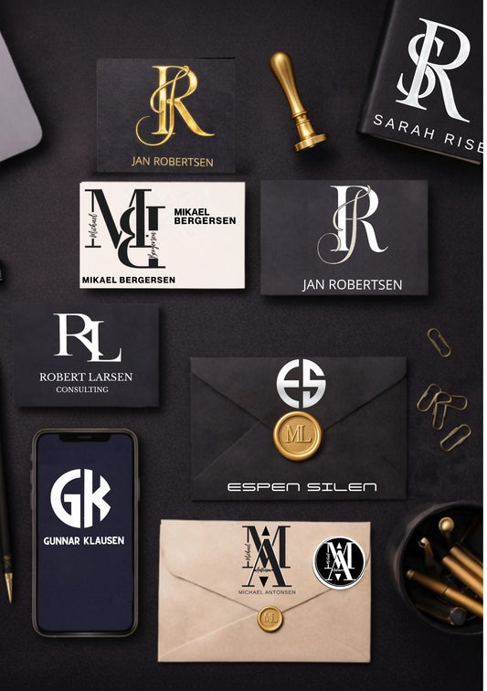 Personlige monogrammer til bedrift – initialer på visittkort, konvolutter, mobil og emballasje i sort og gull