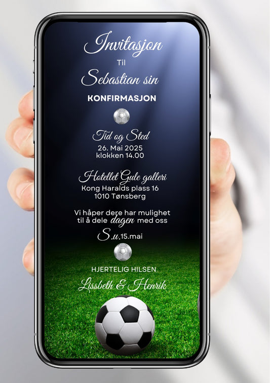 Konfirmasjonsinvitasjon blå fotball moderne personlig design med ferdig tekstforslag - KISS DEKOR