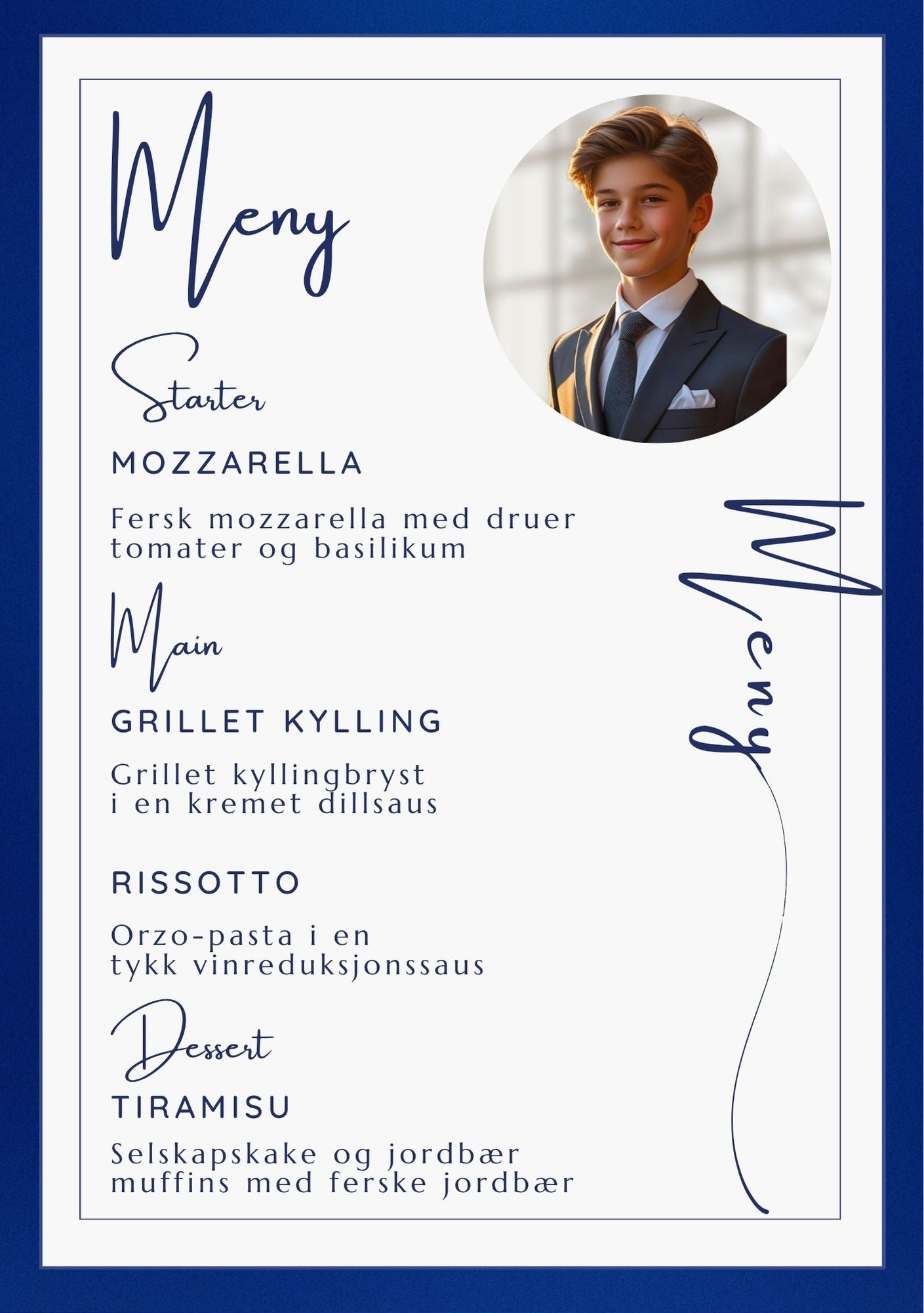 Digitalt menykort med marineblå sidetekst og bilde, elegant design til bryllup, dåp og fest