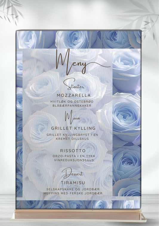 Meny med blå roser - elegant digital meny fra KISS DEKOR