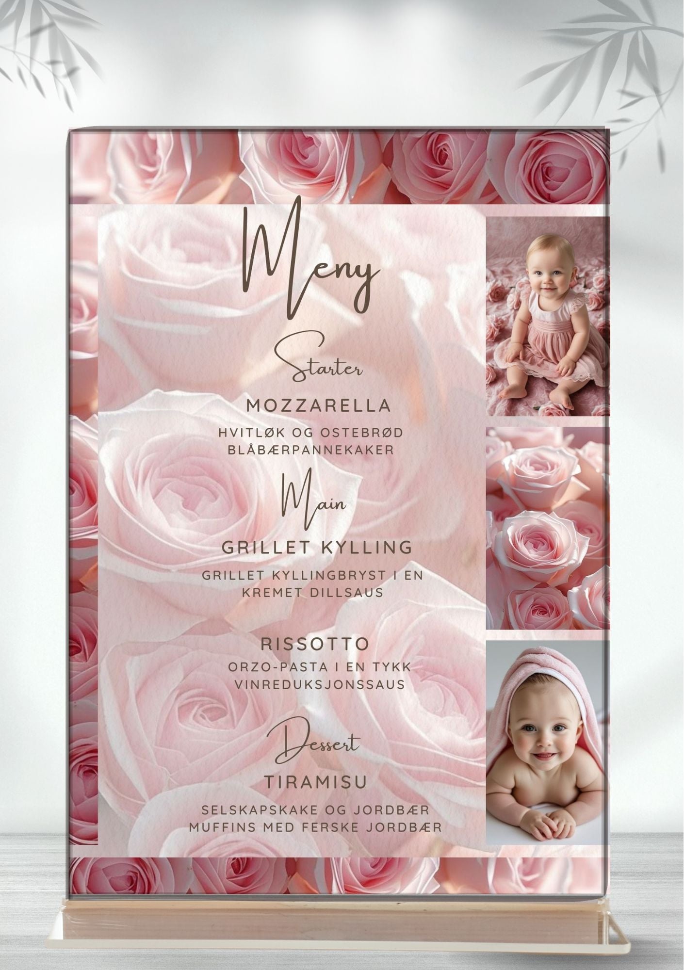 Menykort med rosa roser og babybilde - elegant digital meny fra KISS DEKOR
