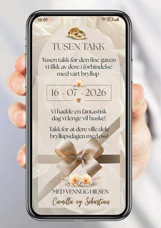 Takkekort bryllup med gullringer, beige sløyfe, roser og dato på kremfarget bakgrunn