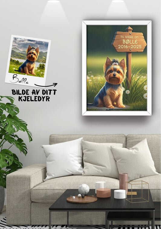 Minneportrett av kjæledyr med treskiltet Bølle - personlig design med Yorkshire Terrier og minneskiltet fra KISS DEKOR