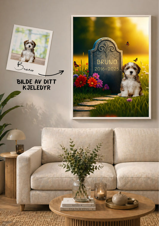 Minneplakat for hund i hvit ramme over sofa i stue – personlig plakat med polaroidbilder av hund foran gyldne porter med teksten Savn av mitt kjæledyr, i gull og beige fargepalett