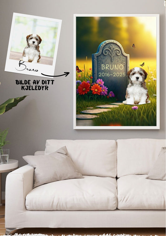 Minneportrett av kjæledyr med gravstein - personlig design med hund, blomster og navn fra KISS DEKOR