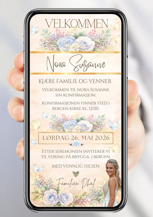 Mobil konfirmasjonsinvitasjon med lyseblå roser, sommerfugler, gullstripe og bilde av jente i hvit kjole – vist på mobilskjerm