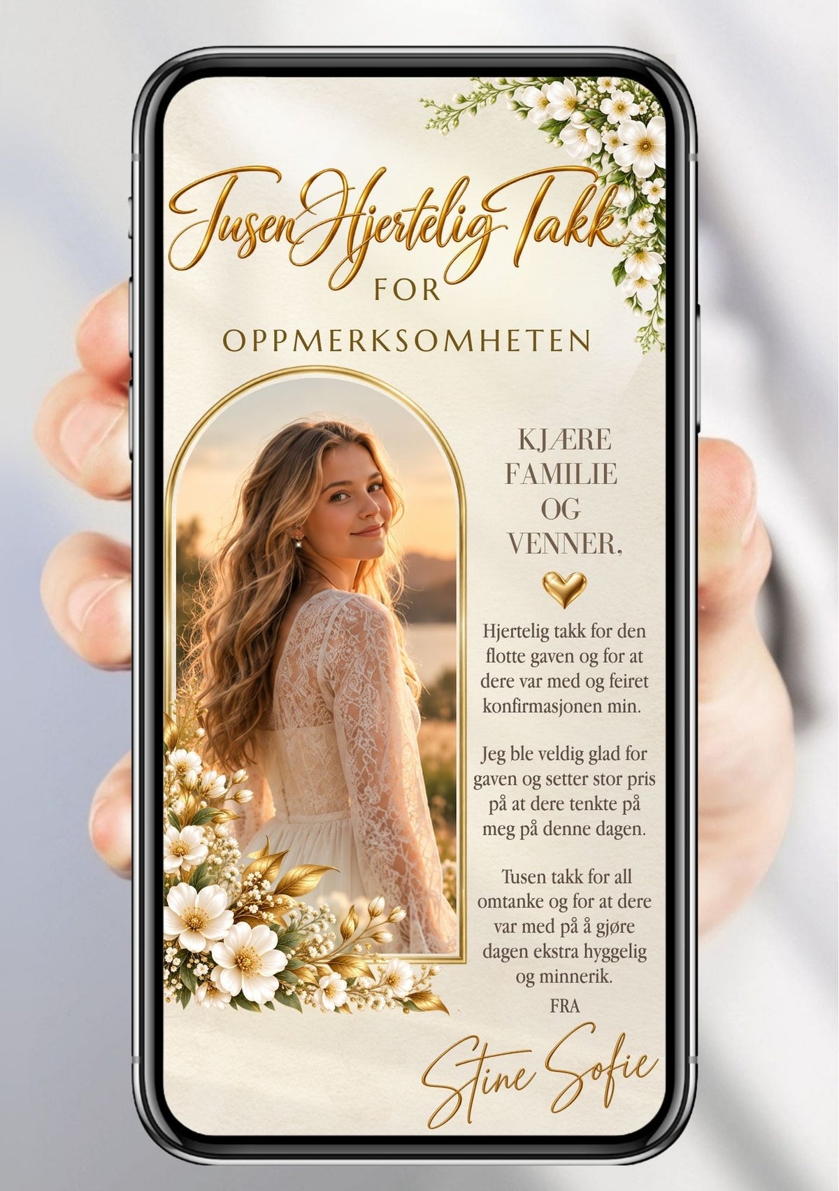 Takkekort til konfirmasjon på mobil med portrett i buet gullramme, hvite blomster og overskriften «Tusen hjertelig takk».