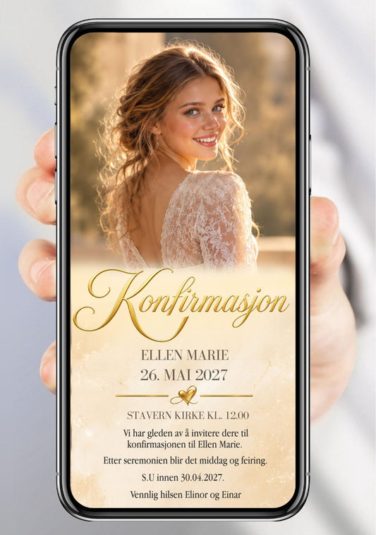 Digital konfirmasjonsinvitasjon på mobil med portrett i varmt lys, gullskrift og kremfargede detaljer.