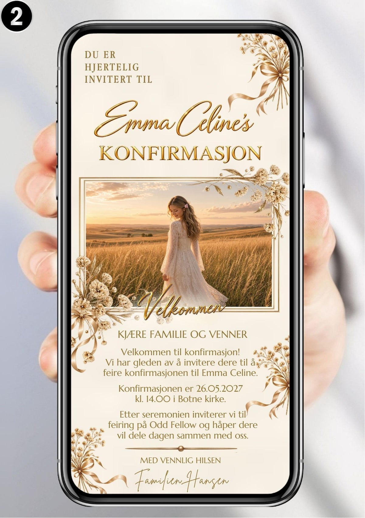 Golden Fields-invitasjon på mobil med portrett fra en gyllen eng, gullramme, blomsterdekor og invitasjonsdetaljer. 