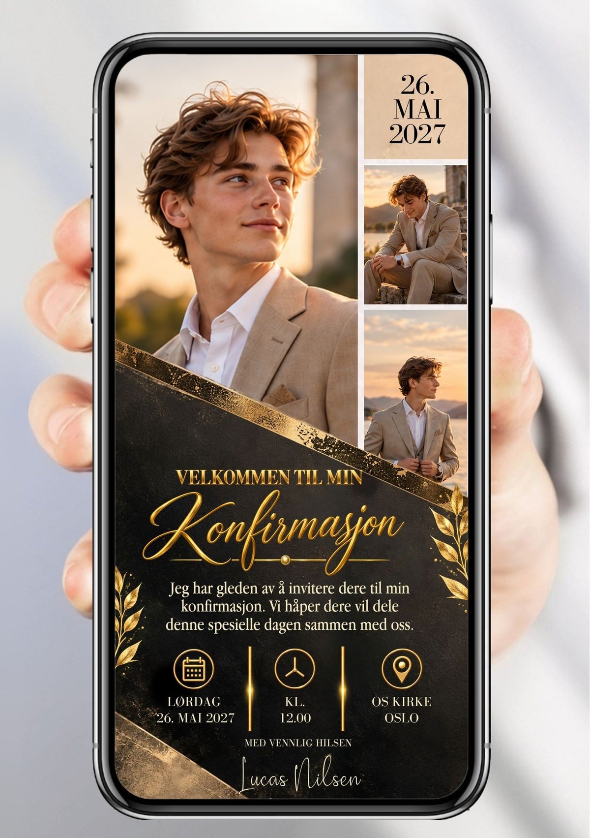 Digital konfirmasjonsinvitasjon på mobil med portrettcollage, svart og gullfarget design og gullskrift.