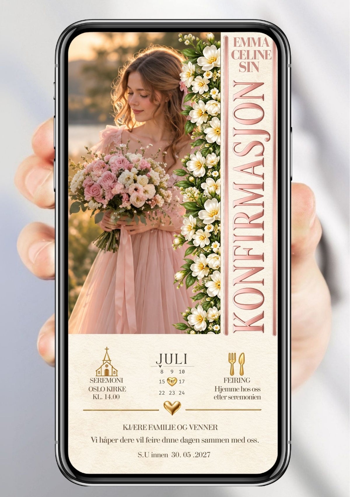 Digital konfirmasjonsinvitasjon på mobil med portrett, rosa bukett og vertikal tekstkolonne med blomsterkant.