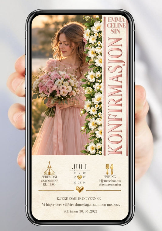 Digital konfirmasjonsinvitasjon på mobil med portrett, rosa bukett og vertikal tekstkolonne med blomsterkant.
