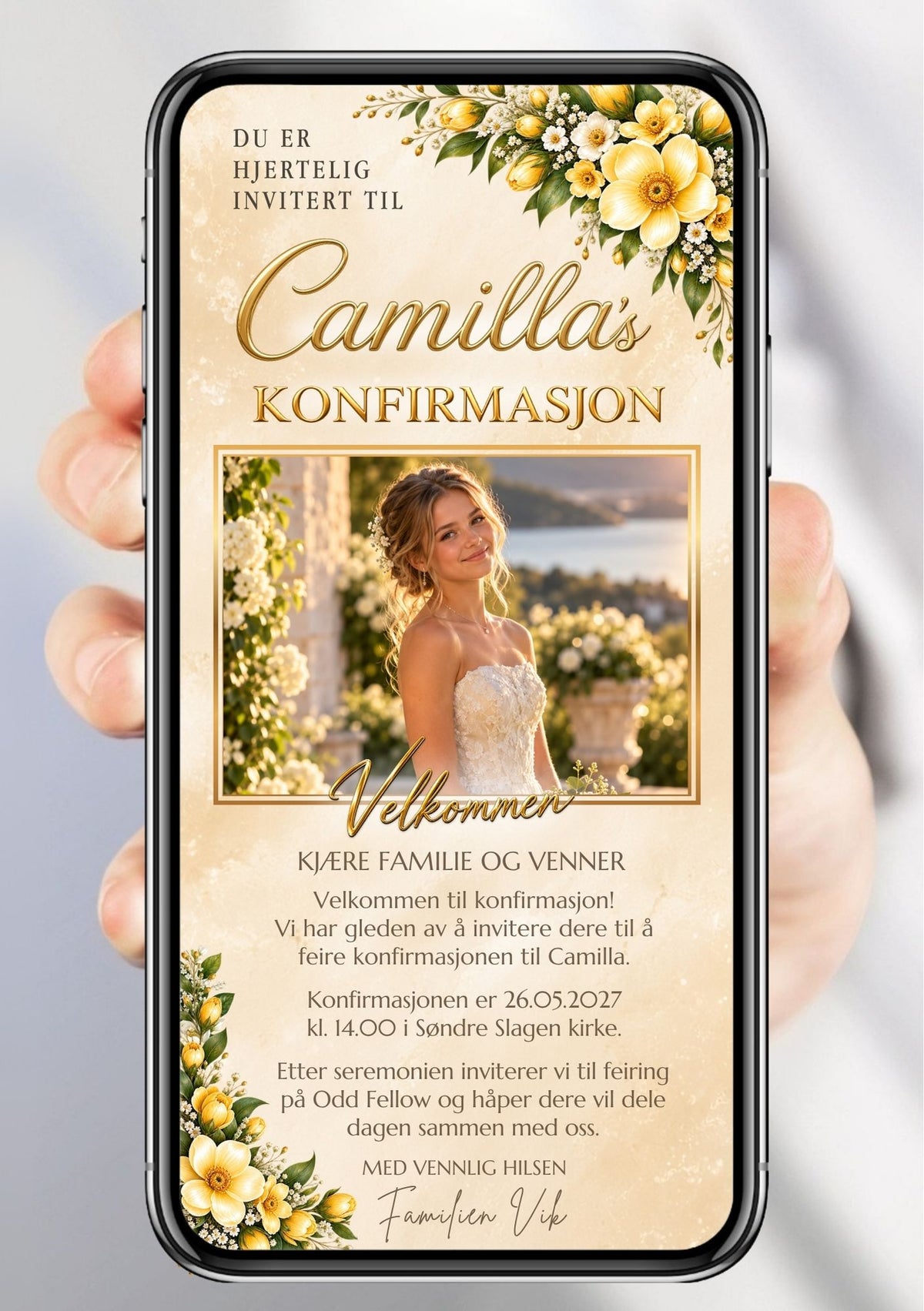Digital konfirmasjonsinvitasjon på mobil med portrett i gullramme, hvite blomster og gullskrift.