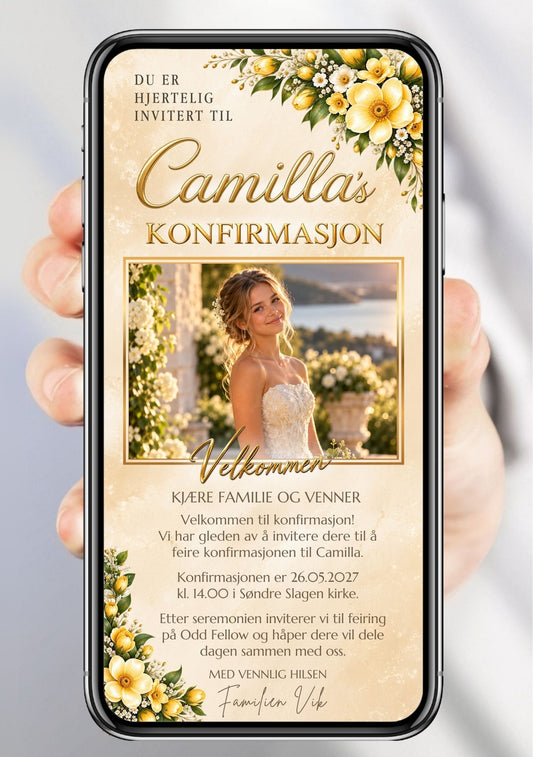 Digital konfirmasjonsinvitasjon på mobil med portrett i gullramme, hvite blomster og gullskrift.