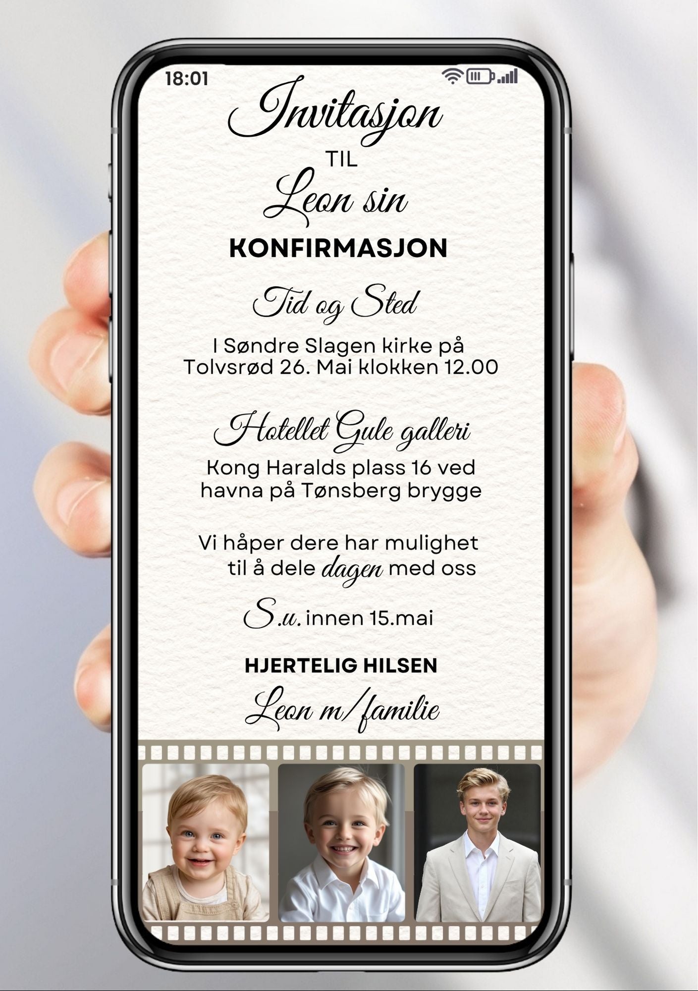 Hvit konfirmasjon invitasjon med 3 egne bilder på invitasjonen med fotorull-design