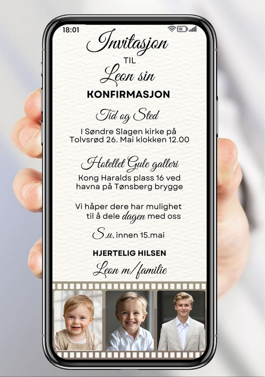 Hvit konfirmasjon invitasjon med 3 egne bilder på invitasjonen med fotorull-design