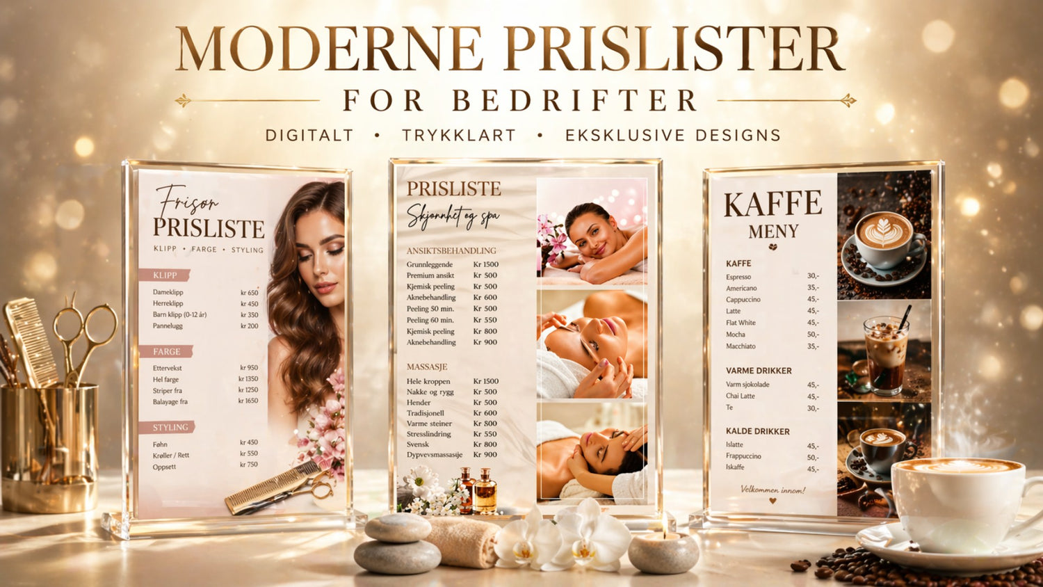 Bannerbilde for moderne prislister for bedrifter fra KISS DEKOR – tre akrylrammer med frisørprisliste, skjønnhet og spa-prisliste og kafémeny, med teksten Moderne prislister for bedrifter – digitalt, trykklart, eksklusive designs, i gull og beige fargepalett 