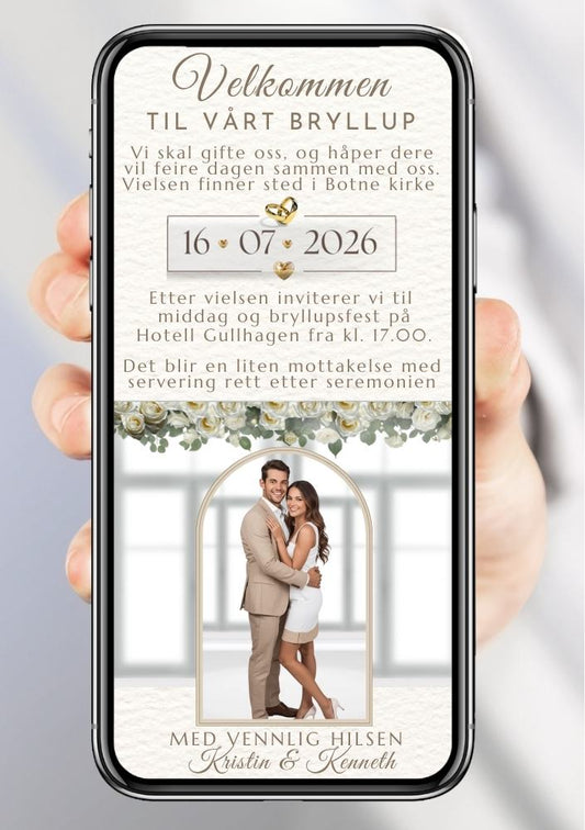 Bryllupsinvitasjon hvit klassisk - personlig design med ferdig tekstforslag - KISS DEKOR