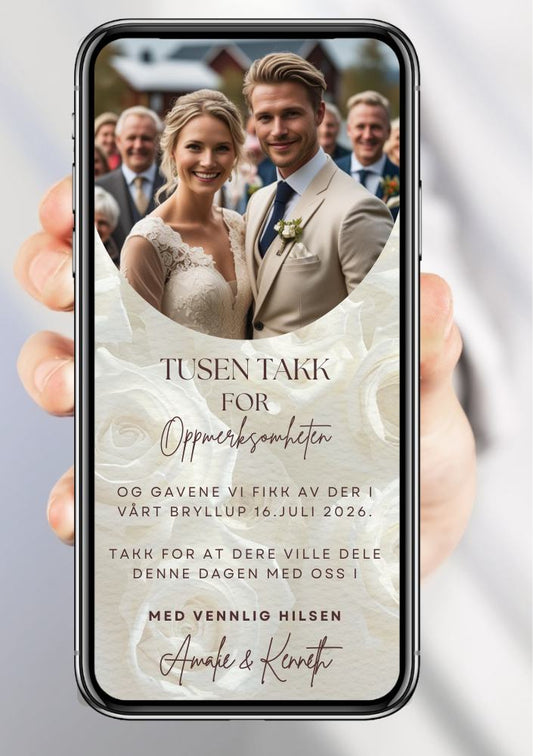 Takkekort bryllup beige romantisk - personlig design med ferdig tekstforslag