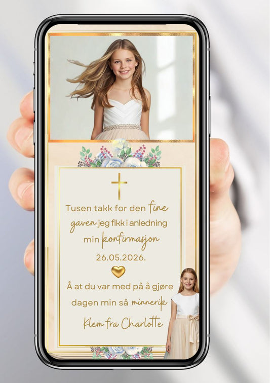 Takkekort konfirmasjon elegant - personlig design med ferdig tekstforslag - KISS DEKOR