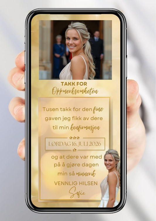 Takkekort konfirmasjon gull elegant - personlig design med ferdig tekstforslag