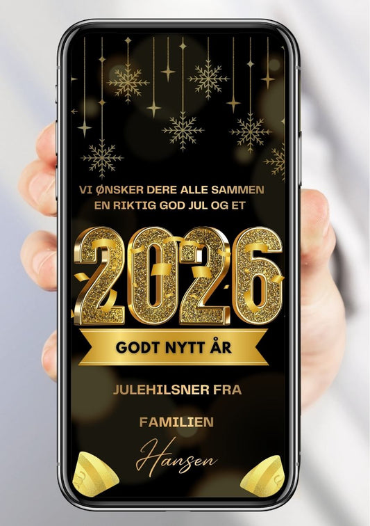 God Jul kort med svart bakgrunn og gullskrift