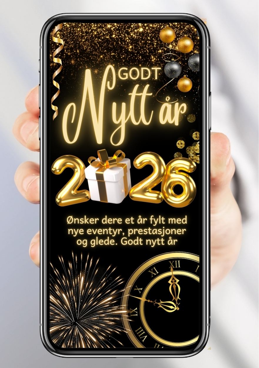 Julekort med svart bakgrunn og gulldetaljer 