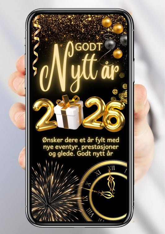 Julekort med svart bakgrunn og gulldetaljer 