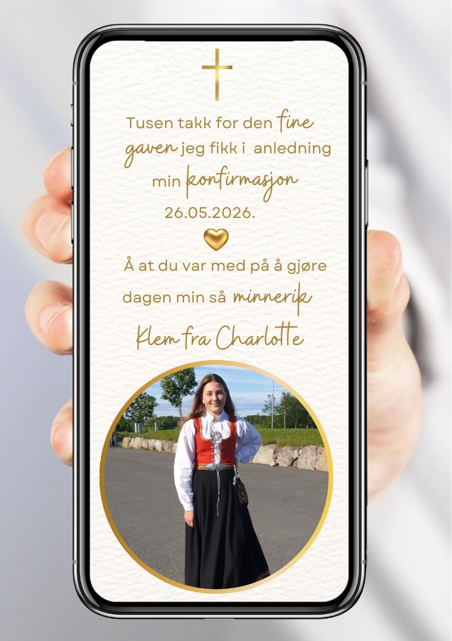 Takkekort konfirmasjon hvit elegant - personlig design med ferdig tekstforslag - KISS DEKOR