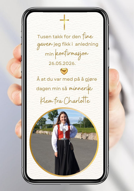 Takkekort konfirmasjon hvit elegant - personlig design med ferdig tekstforslag - KISS DEKOR