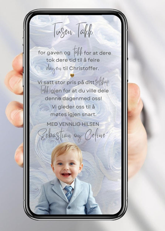 Takkekort til dåp blå elegant design