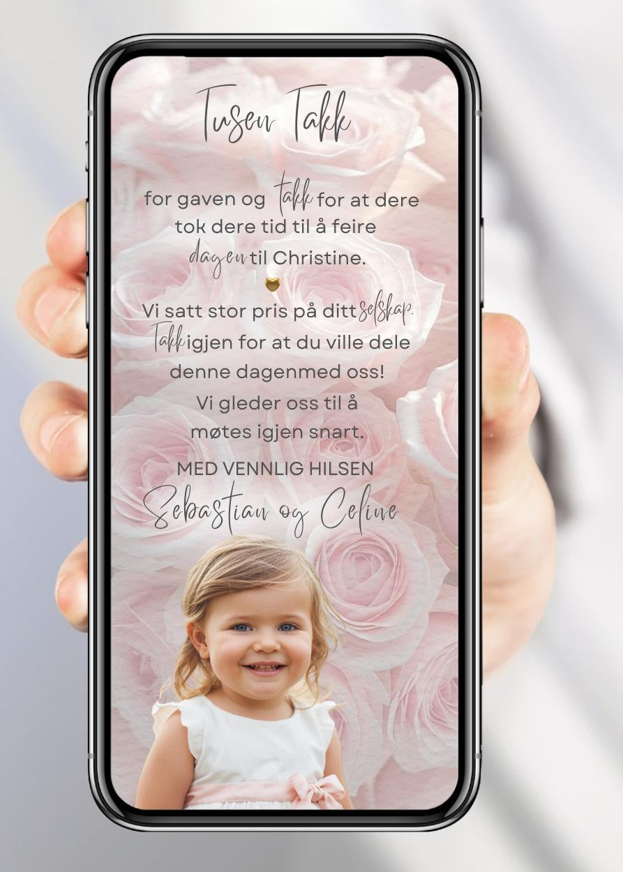 Takkekort dåp rosa rose elegant