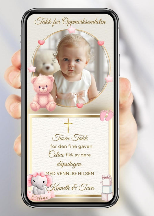 Takkekort til dåp gullkors elegant design
