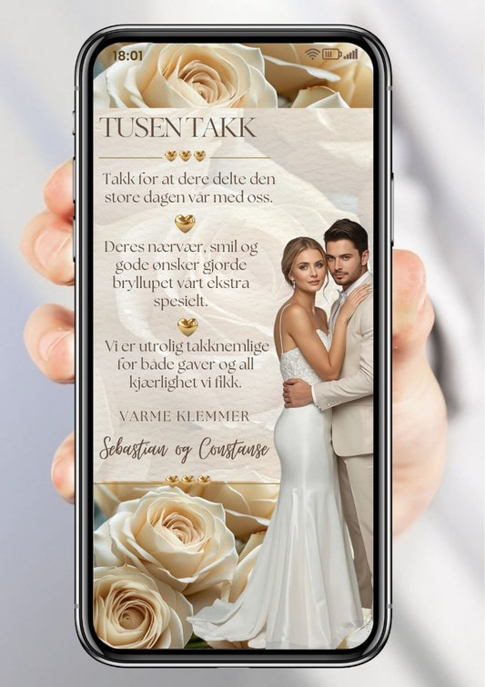 Takkekort bryllup beige minimalistisk bilder - personlig design med ferdig tekstforslag - KISS DEKOR