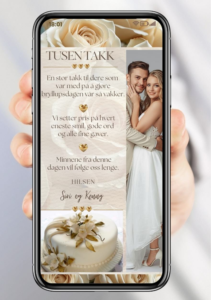 Takkekort bryllup beige minimalistisk bilder - personlig design med ferdig tekstforslag - KISS DEKOR
