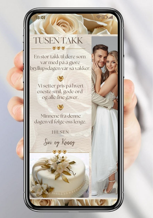 Takkekort bryllup beige minimalistisk bilder - personlig design med ferdig tekstforslag - KISS DEKOR