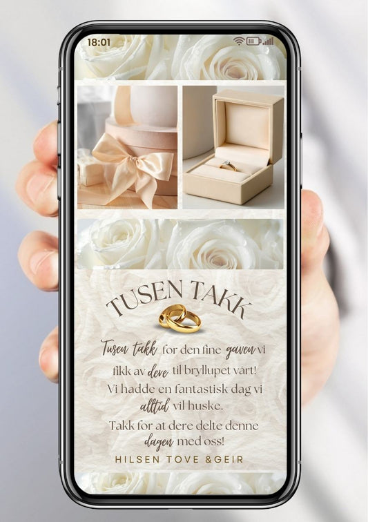 Takkekort bryllup beige minimalistisk med bilde - personlig design med ferdig tekstforslag - KISS DEKOR