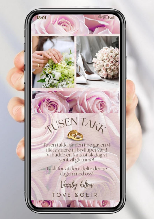 Takkekort bryllup rosa romantisk - personlig design med ferdig tekstforslag - KISS DEKOR