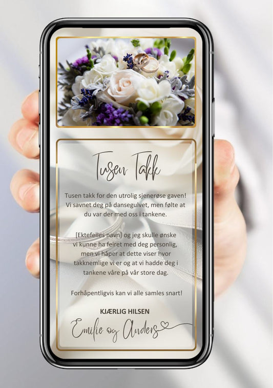 Takkekort bryllup romantisk - personlig design med ferdig tekstforslag - KISS DEKOR