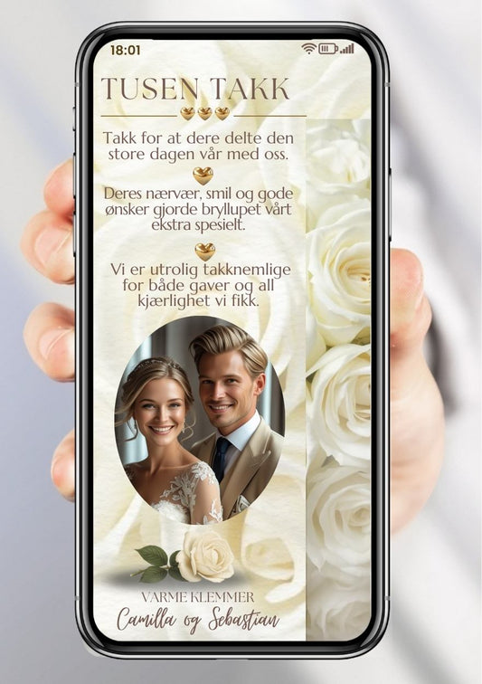 Takkekort bryllup kremhvit moderne - personlig design med ferdig tekstforslag - KISS DEKO