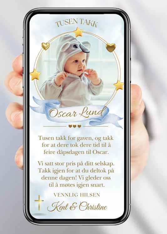 Takkekort til dåp med bilderamme