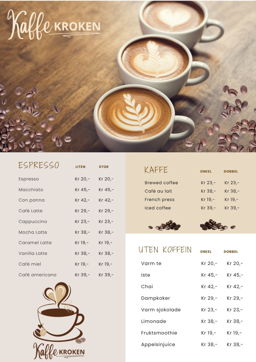 Prisliste kafé – minimalistisk meny for kaffebar