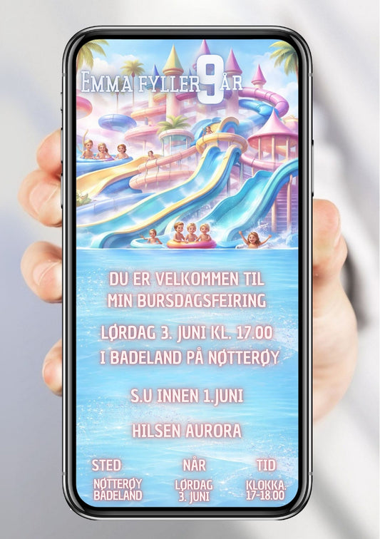 Digital bursdagsinvitasjon med vannpark-tema og fargerike sklie – personlig design vist på mobil fra KISS DEKOR