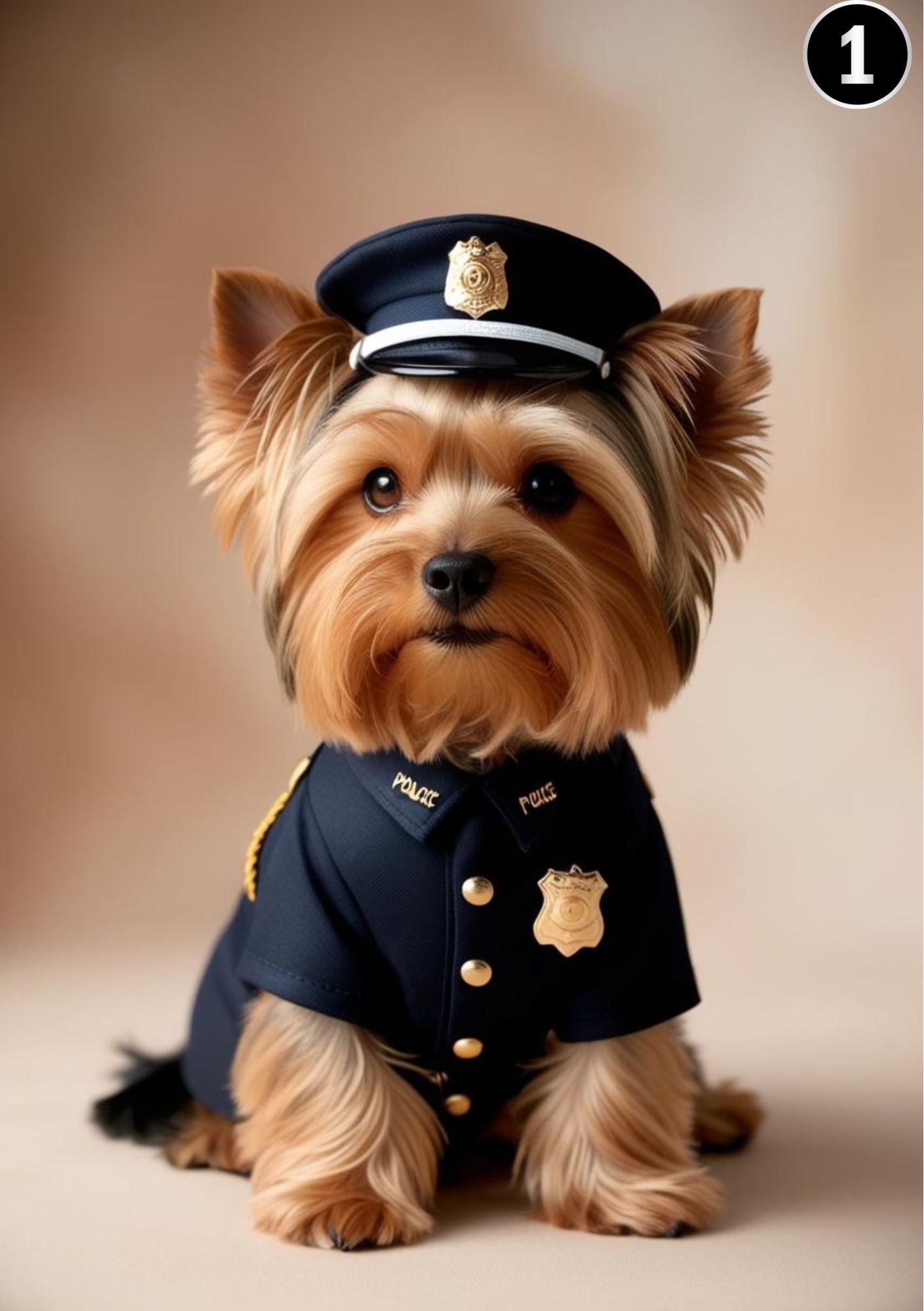 Yorkshire Terrier politihund beige bakgrunn - søt hund i politiuniform fra KISS DEKOR