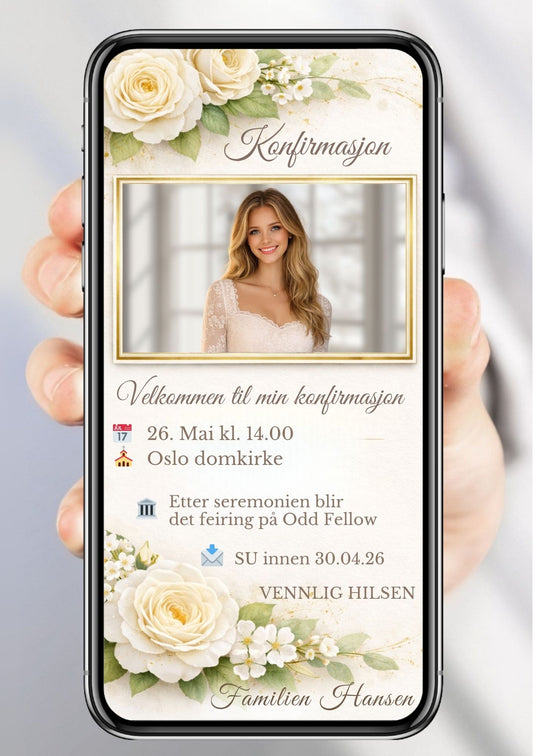 Digital konfirmasjonsinvitasjon med bilde fra KISS DEKOR – klassisk hvit rose-design med gullramme, rektangulær bilderamme og teksten "Velkommen til min konfirmasjon", vist på mobilskjerm