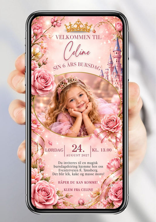 Digital bursdagsinvitasjon med barnefoto av en jente med tiara omgitt av rosa roser og prinsesseslott, med rosa og gullfargede detaljer og bursdagsinformasjon
