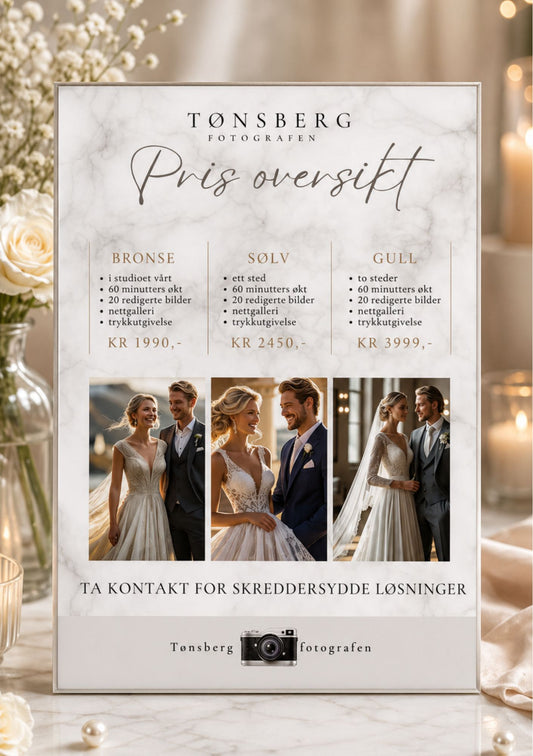 Prisoversikt for bryllupsfotograf i akrylramme med blomster og stearinlys – design for Tønsberg Bryllupsfoto med seks bryllupsbilder og pakkepriser, i hvit og beige fargepalett