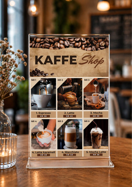 Kafémeny i akrylramme på trebord – design med kaffebønner øverst, teksten Kaffe Shop, og seks kaffebilder med navn og priser i beige og brun fargepalett 